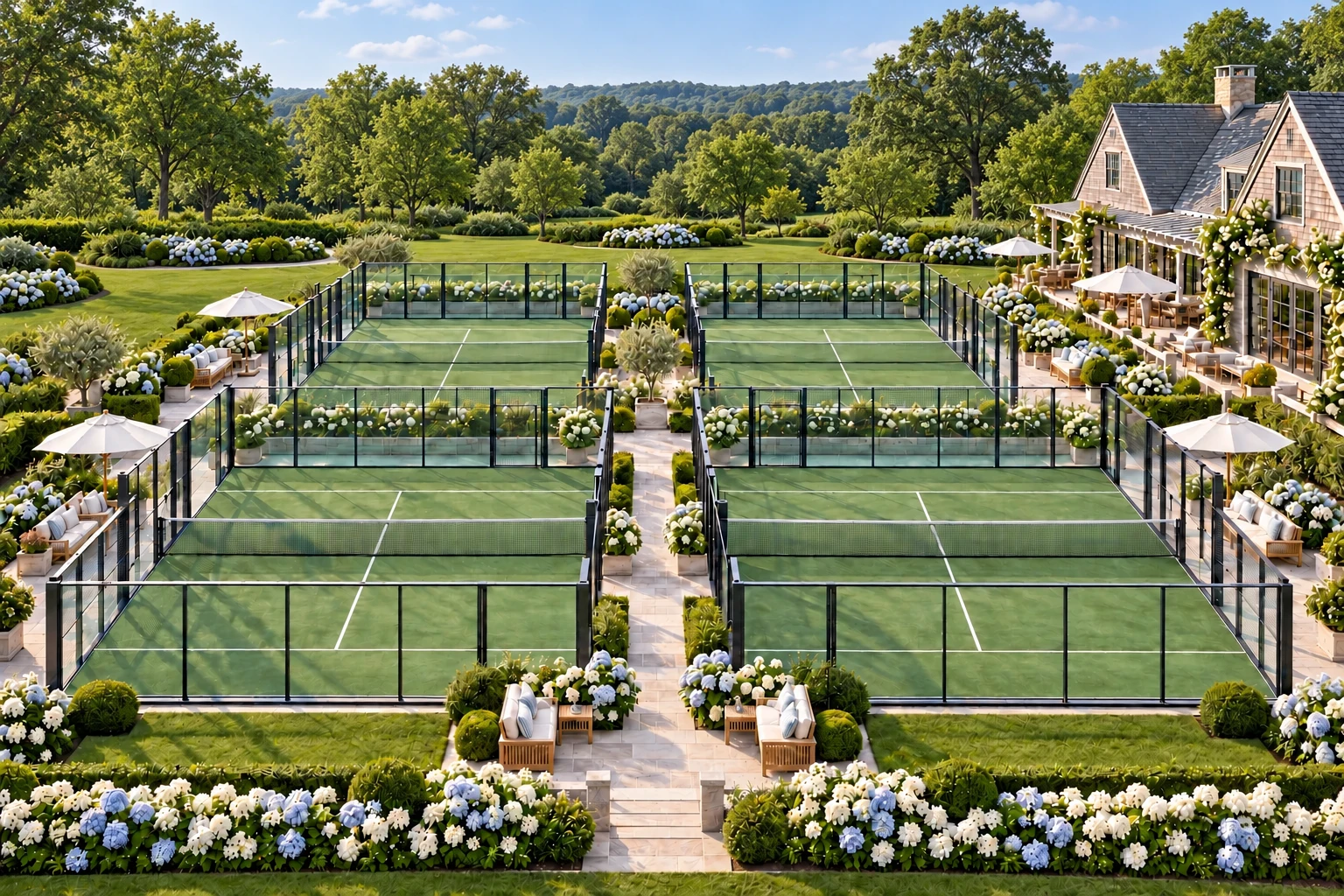 Illustrative landscaped padel club concept with manicured lawns, planted flower beds, upscale patio seating, and a leafy park setting